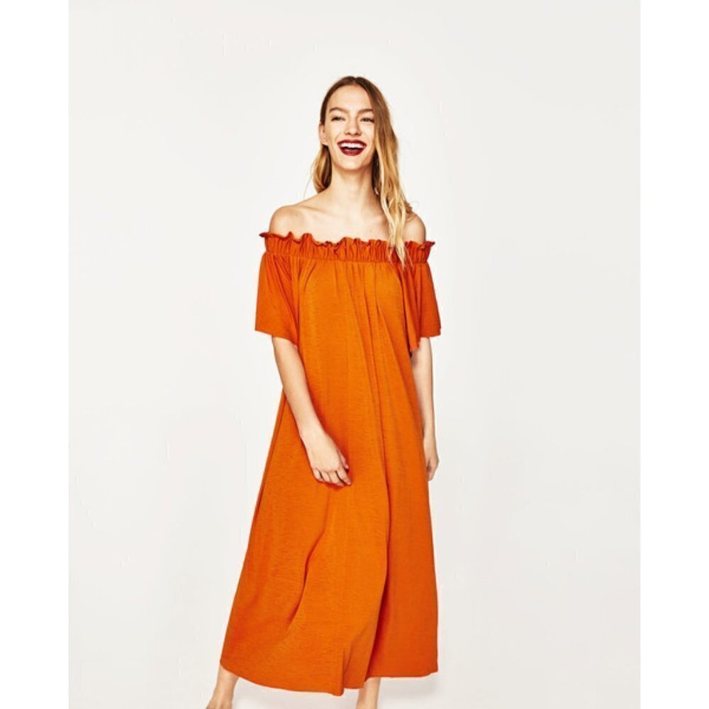 Zara | Off-The-Shoulder Maxi Dress In Orange